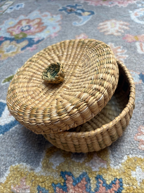 Other - Woven Round Lidded Basket in Natural and Green